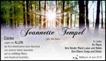 Traueranzeige von Jeannette Tempel von Südthüringer Presse