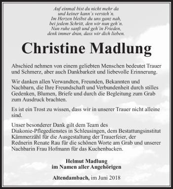 Traueranzeige von Christine Madlung von Südthüringer Presse