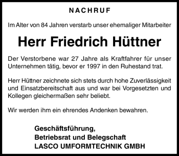 Traueranzeige von Friedrich Hüttner von Neue Presse Coburg