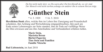 Traueranzeige von Günther Stein von Südthüringer Presse