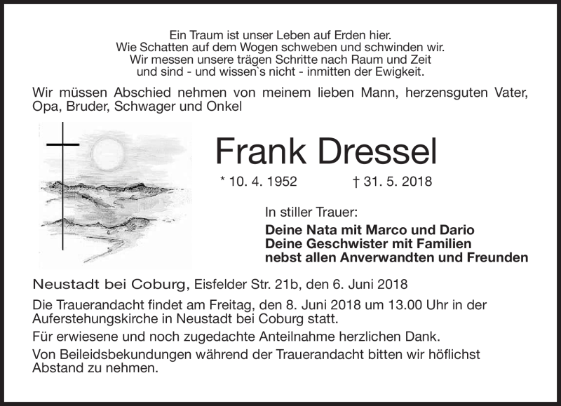 Traueranzeige für Frank Dressel vom 06.06.2018 aus Neue Presse Coburg