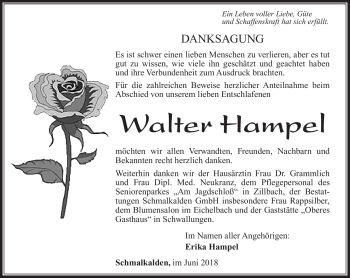 Traueranzeige von Walter Hampel von Südthüringer Presse