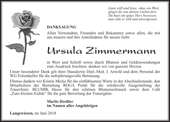Traueranzeige von Ursula Zimmermann von Südthüringer Presse