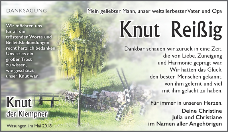  Traueranzeige für Knut Reißig vom 02.06.2018 aus Südthüringer Presse