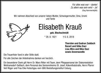 Traueranzeige von Elisabeth Krauß von Neue Presse Coburg