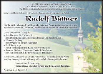 Traueranzeige von Rudolf Büttner von Südthüringer Presse
