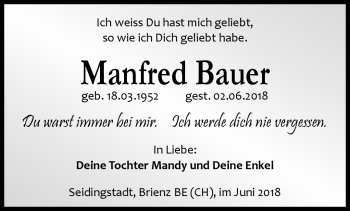 Traueranzeige von Manfred Bauer von Südthüringer Presse