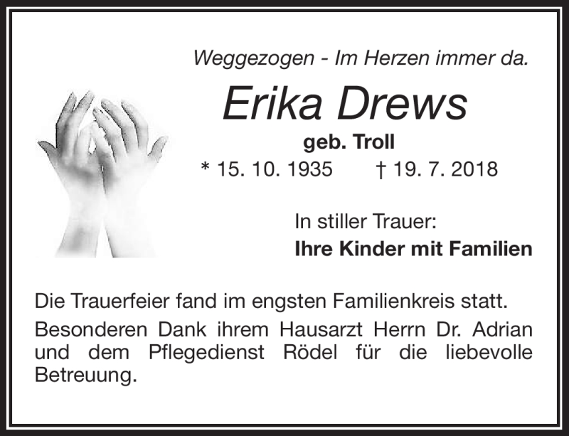 Traueranzeige für Erika Drews vom 27.07.2018 aus Frankenpost