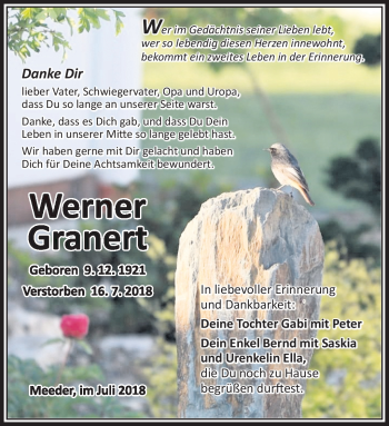 Traueranzeige von Werner Granert von Südthüringer Presse