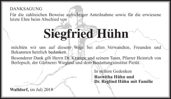 Traueranzeige von Siegfried Hühn von Südthüringer Presse