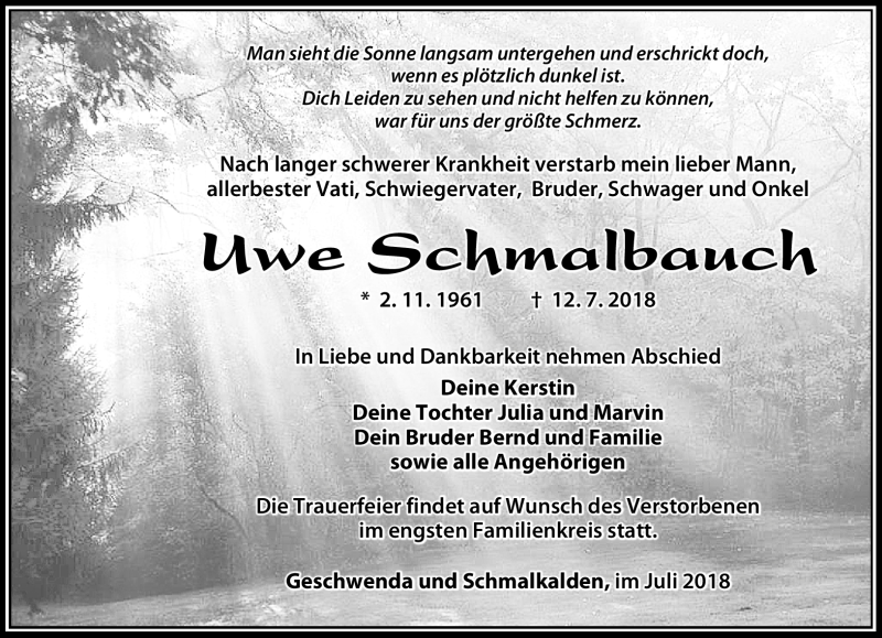  Traueranzeige für Uwe Schmalbauch vom 18.07.2018 aus Südthüringer Presse