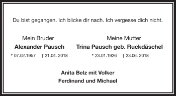 Traueranzeige von Trina und Alexander Pausch von Frankenpost