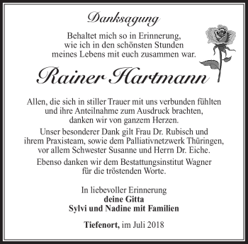 Traueranzeige von Rainer Hartmann von Südthüringer Presse