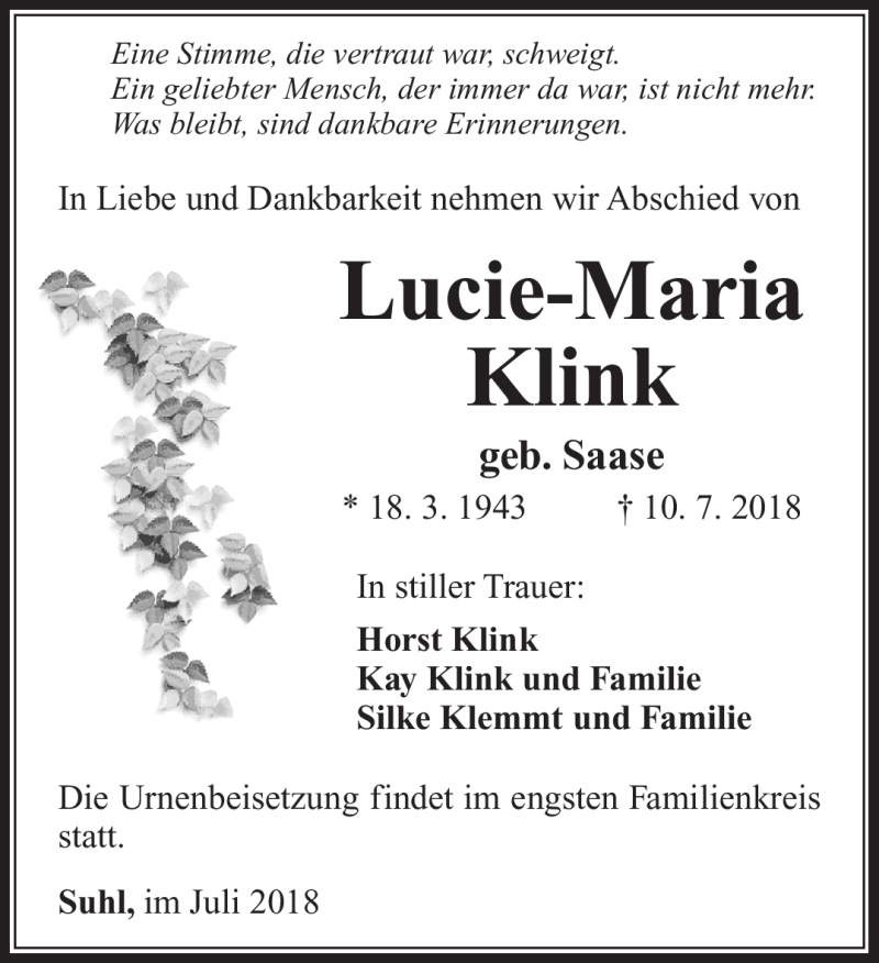  Traueranzeige für Lucie-Maria Klink vom 14.07.2018 aus Südthüringer Presse
