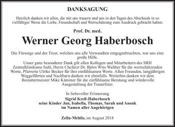 Traueranzeige von Werner Georg Haberbosch von Südthüringer Presse