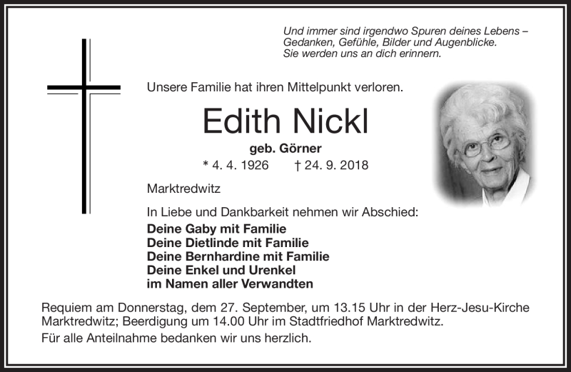  Traueranzeige für Edith Nickl vom 26.09.2018 aus Frankenpost