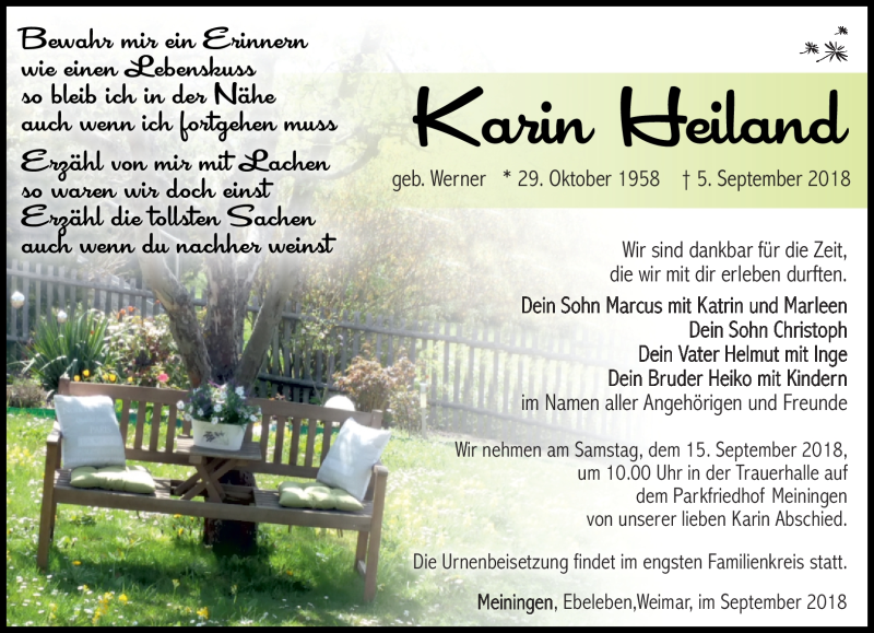  Traueranzeige für Karin Heiland vom 08.09.2018 aus Südthüringer Presse