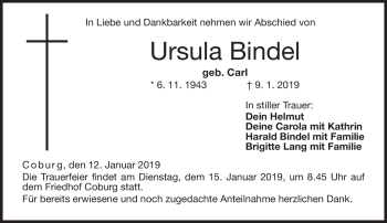 Traueranzeige von Ursula Bindel von Neue Presse Coburg
