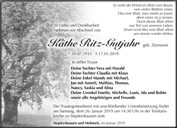 Traueranzeige von Käthe Ritz-Gutjahr von Südthüringer Presse