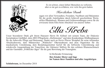 Traueranzeige von Ella Krebs von Südthüringer Presse