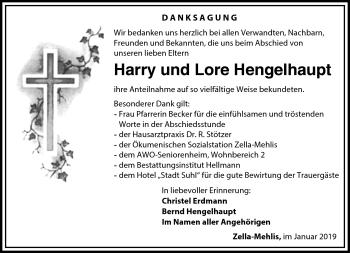 Traueranzeige von Harry und Lore Hengelhaupt von Südthüringer Presse