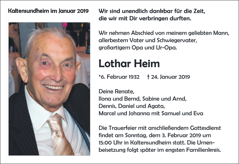  Traueranzeige für Lothar Heim vom 29.01.2019 aus Südthüringer Presse