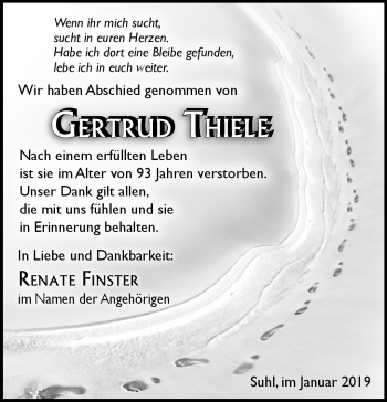 Traueranzeige von Gertrud Thiele von Südthüringer Presse