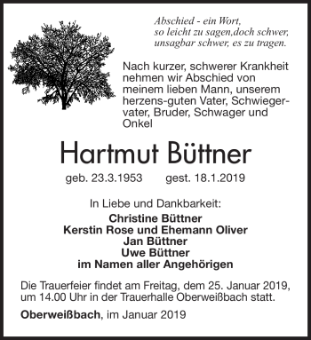 Traueranzeige von Hartmut Büttner von Südthüringer Presse