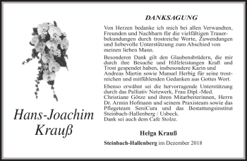 Traueranzeige von Hans-Joachim Krauß von Südthüringer Presse