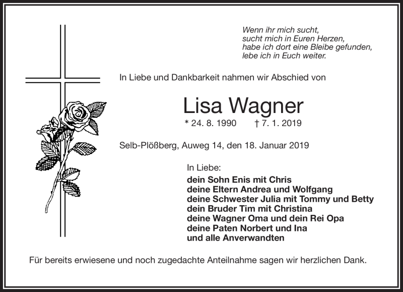  Traueranzeige für Lisa Wagner vom 18.01.2019 aus Frankenpost