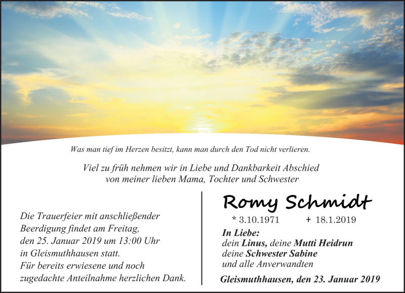  Traueranzeige für Romy Schmidt vom 23.01.2019 aus Neue Presse Coburg