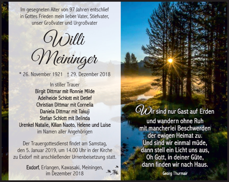  Traueranzeige für Willi Meininger vom 03.01.2019 aus Südthüringer Presse