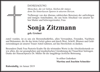 Traueranzeige von Sonja Zitzmann von Südthüringer Presse