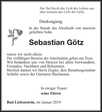 Traueranzeige von Sebastian Götz von Südthüringer Presse
