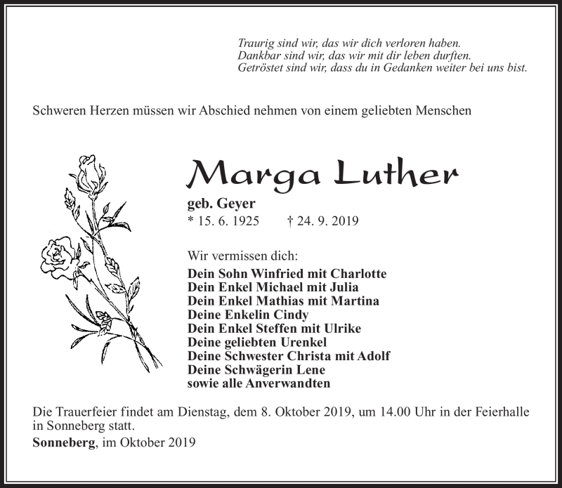  Traueranzeige für Marga Luther vom 05.10.2019 aus Südthüringer Presse