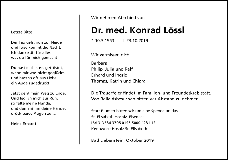  Traueranzeige für Konrad Lössl vom 29.10.2019 aus Südthüringer Presse