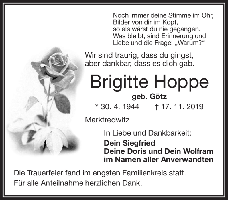  Traueranzeige für Brigitte Hoppe vom 23.11.2019 aus Frankenpost
