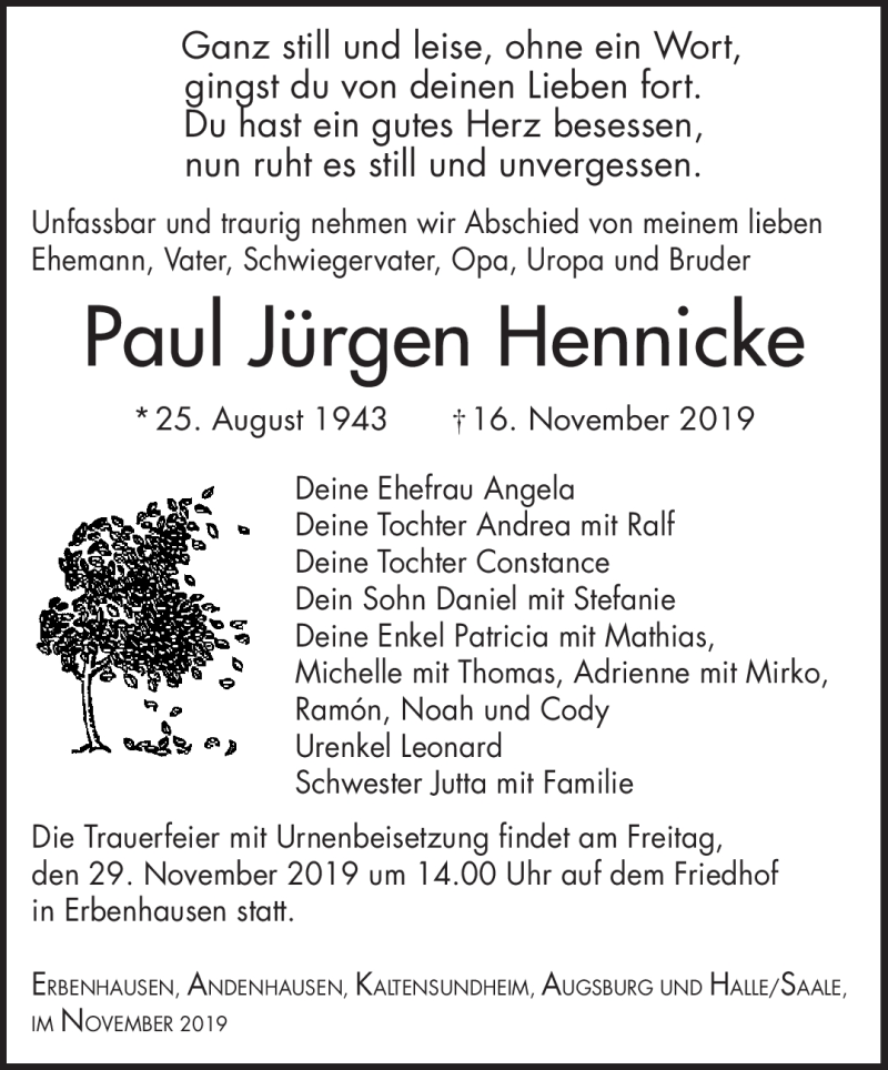  Traueranzeige für Paul Jürgen Hennicke vom 23.11.2019 aus Südthüringer Presse