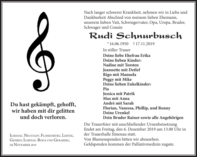  Traueranzeige für Rudi Schnurbusch vom 30.11.2019 aus Südthüringer Presse
