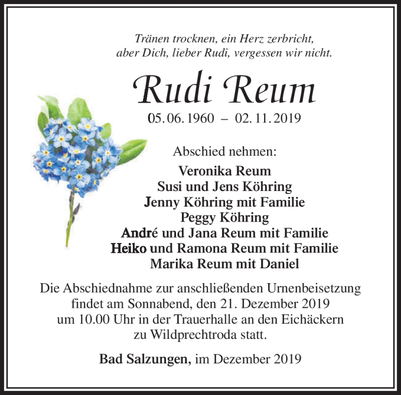  Traueranzeige für Rudi Reum vom 14.12.2019 aus Südthüringer Presse