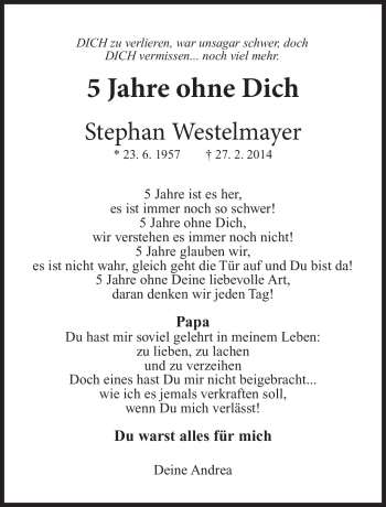 Traueranzeige von Stephan Westelmayer von Südthüringer Presse