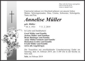 Traueranzeige von Anneliese Müller von Südthüringer Presse