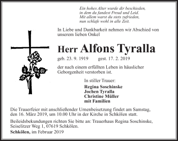 Traueranzeige von Alfons Tyralla von Südthüringer Presse