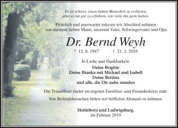 Traueranzeige von Bernd Weyh von Südthüringer Presse