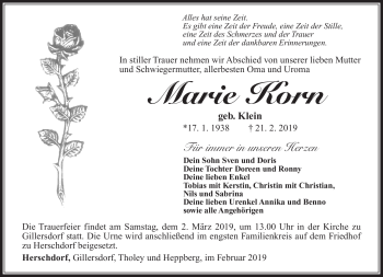 Traueranzeige von Marie Korn von Südthüringer Presse