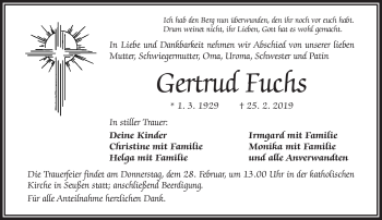 Traueranzeige von Gertrud Fuchs von Frankenpost