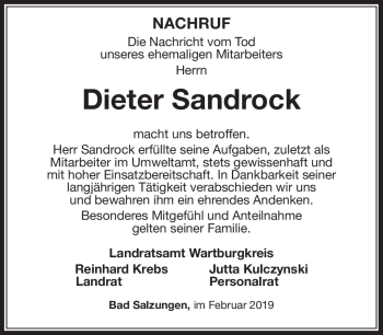 Traueranzeige von Dieter Sandrock von Südthüringer Presse