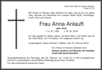 Traueranzeige von Anna Anlauft von Frankenpost