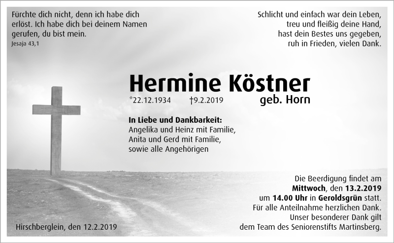  Traueranzeige für Hermine Köstner vom 12.02.2019 aus Frankenpost
