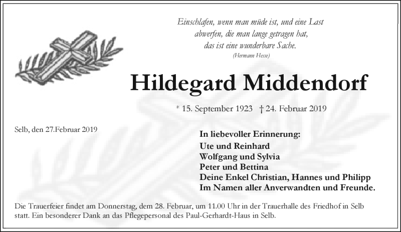  Traueranzeige für Hildegard Middendorf vom 27.02.2019 aus Frankenpost